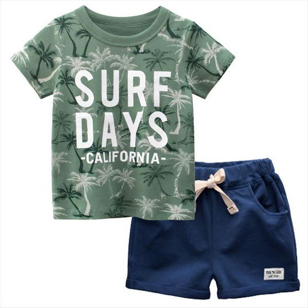 

summer kids boys clothes set coconut palm printed short sleeve t shirt shorts toddler outfits children clothing, White