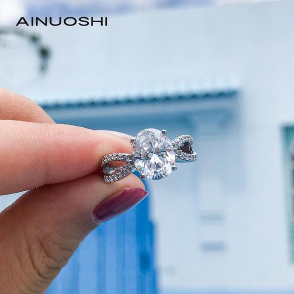 

cluster rings ainuoshi luxury 925 sterling silver 3ct oval simulated sona diamond split shank ring women's engagement anniversary party, Golden;silver