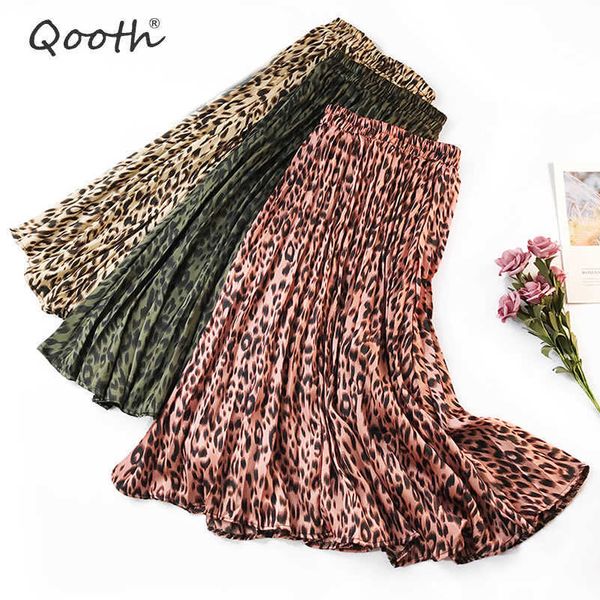 Qooth outono mulheres saias retro leopardo plissado feminino magro floral longo chiffon cintura elástica praia 6503 210609