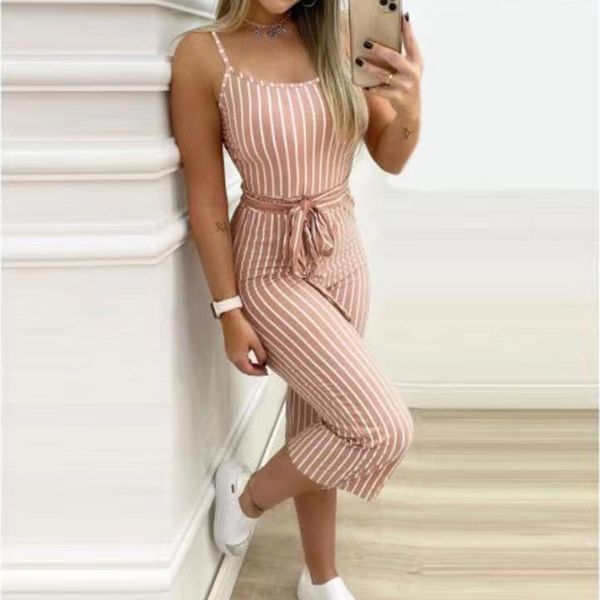 

suspenders &long pant waist lace up striped slim fit fashion jumpsuit women outfit romper women overalls women 210521, Black;white