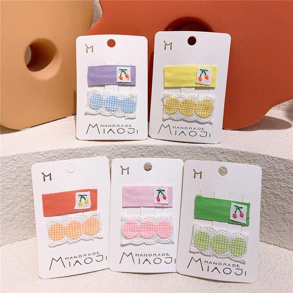 

hair accessories 2 pcs fashion children's fruit cherry square hairpins korean sweet girl baby cute plaid fabric lace bb clip, Slivery;white