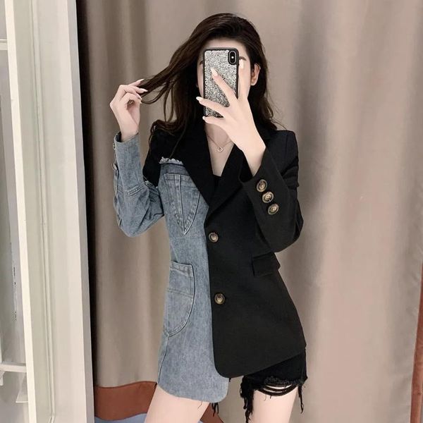 

women's suits & blazers women causal denim patchwork blazer jacket, White;black