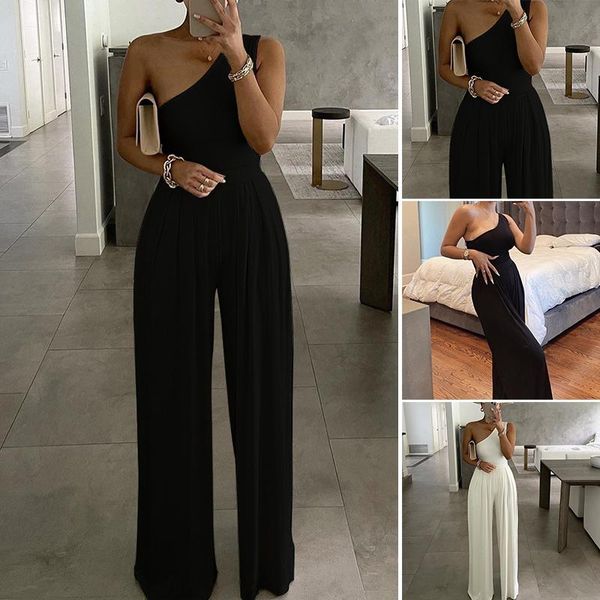 

women's shorts one shoulder ruched wide leg jumpsuit women casual summer asymmetric solid color, White;black