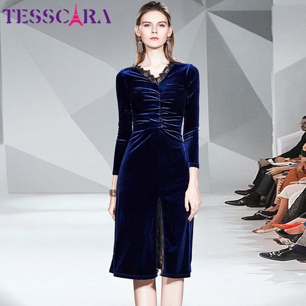 

casual dresses tesscara women autumn & winter elegant velvet dress festa long vintage v-neck party robe femme designer vestidos, Black;gray