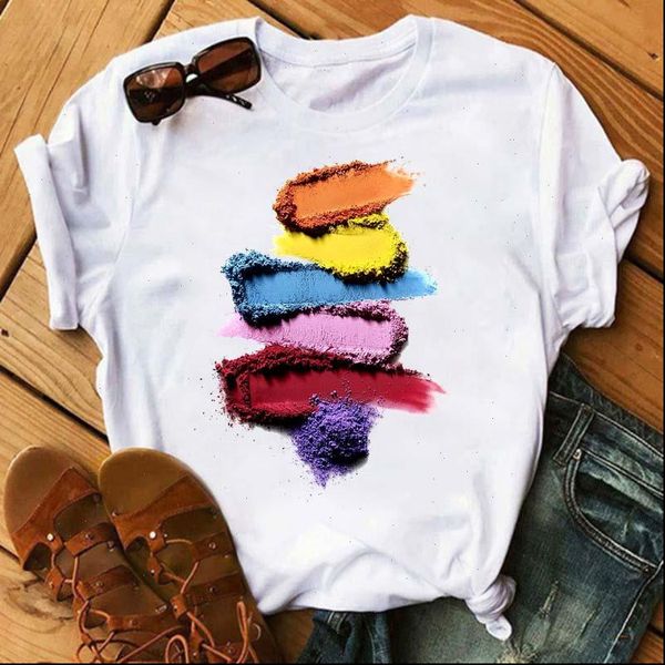

graphic 3d finger nail paint women color fashion harajuku short sleeve tees, White