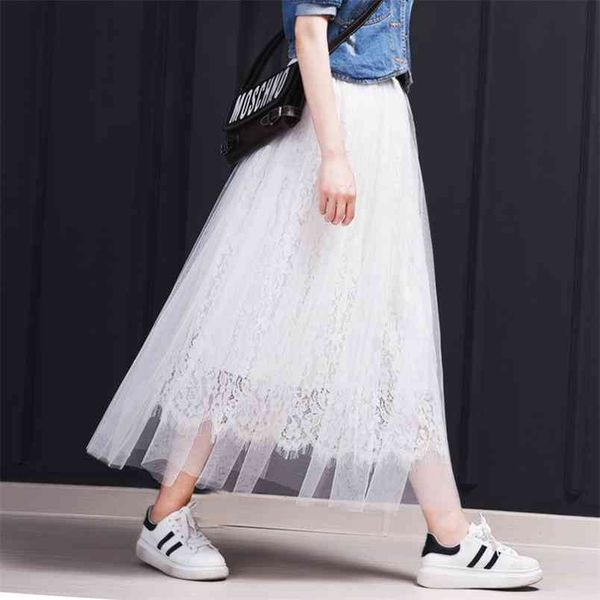 

summer simple white lace skirt elastic high waist thin puff casual women pleated a-line long 210527, Black
