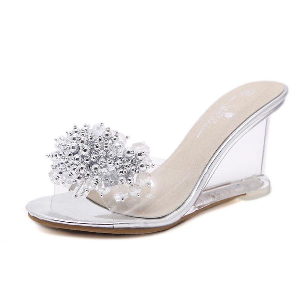 

summer sandals women slippers comfortable beaded beach shoes 9cm crystal high heel transparent woman silver, Black