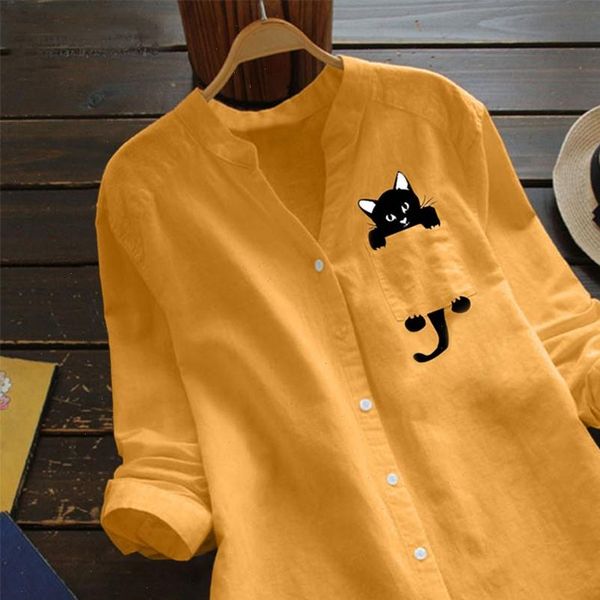 

womens blouses cat printed blouse women cotton linen casual long sleeve shirt button down loose blusas mujer de, White
