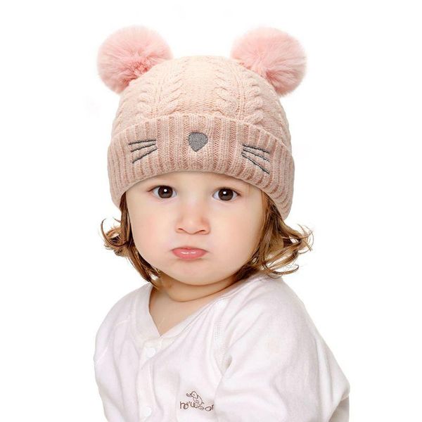 

caps & hats cartoon double pompom baby hat winter thick warm soft knitted born beanie solid color kids children imfant bonnet, Yellow