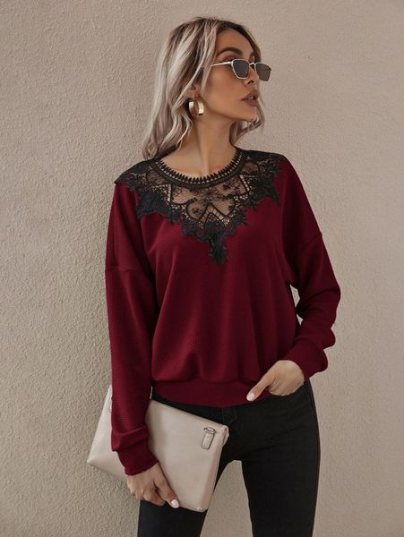 

contrast lace drop shoulder sweatshirt n5fs#, White;black