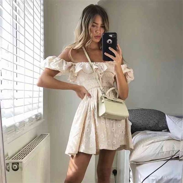 

ruffle tunic pleated dress women summer embriodery vintage beach puff sleeve daisy flower print boho vestidos 210415, Black;gray