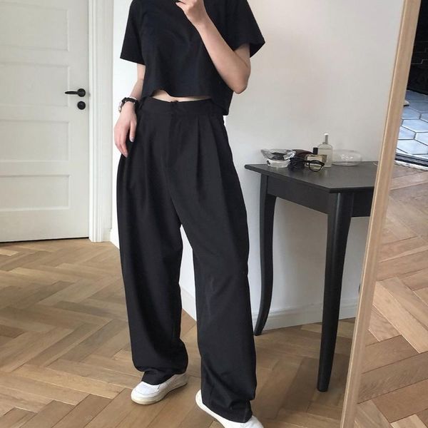 

men's pants summer fashionable high-waisted wide-leg trousers loose drape was thin straight radish casual women, Black