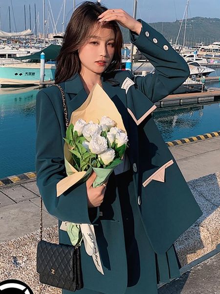 

two piece dress commuter single-breasted blazer-with-skirt-set female 2021 fashion pleated skirt + retro temperament high-end suit two-piece, White