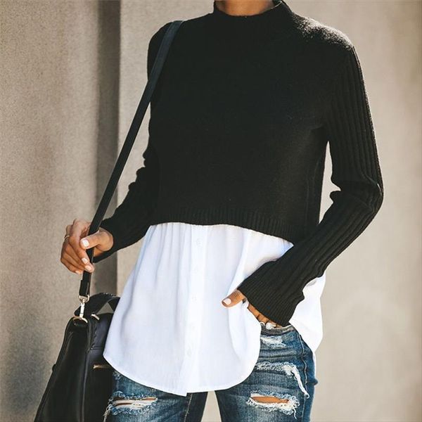 

pullover knitted patchwork women sweater long sleeve button jumper autumn winter casual black and blouse clothing, White;black