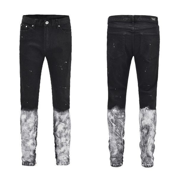 

jeans high street hip hop paint splash ink trouser leg zipper split slim fit small foot washing casual denim pants, Blue
