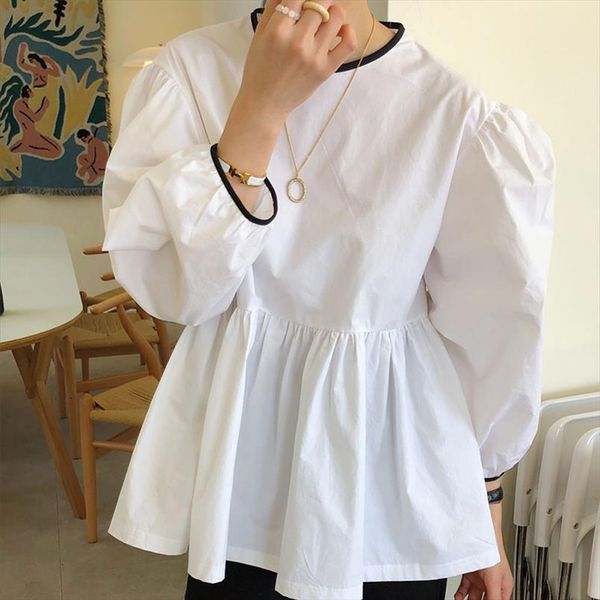 

korean style harajuku kawaii cute womens shirt drawstring puff sleeve loose black white vintage blouse ladies blusas mujer