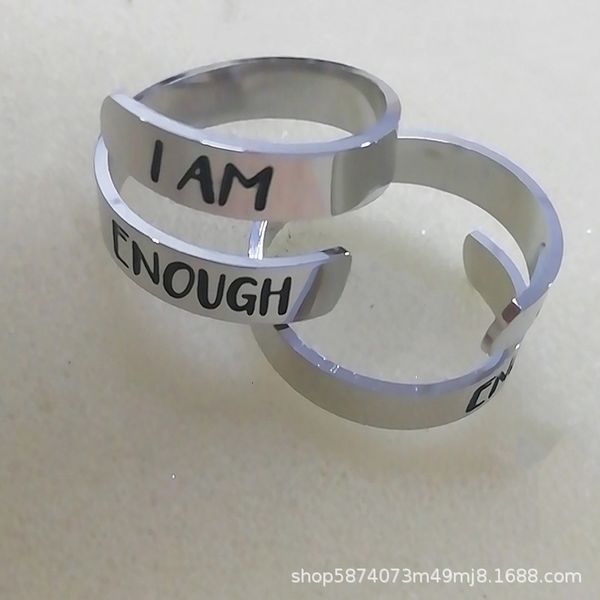 

letter i am enough fashion double opening adjustable titanium steel ring, Silver