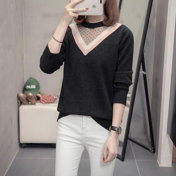 

women's sweaters plus size autumn winter long sleeve women striped patchwork mesh knitted lady pullovers casual cotton wool, White;black