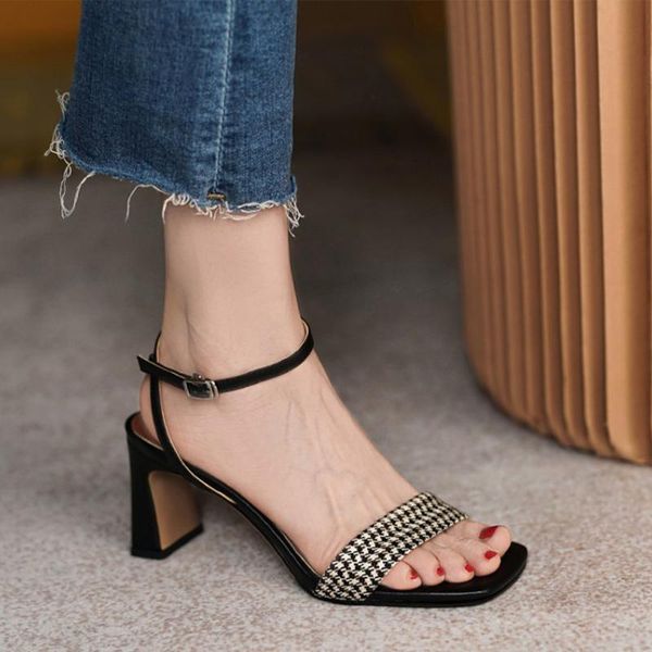 

sandals women summer slides square heels fashion female toe shoes ladies block button women's 2021 plaid sexy, Black