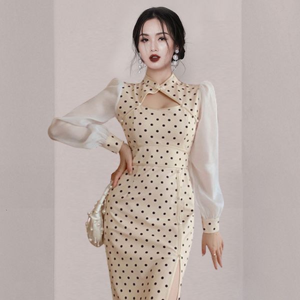 

dresses 2021 spring hit clothe for women patchwork long sleeve split wrap bodycon polka dot es ladies, Black;gray