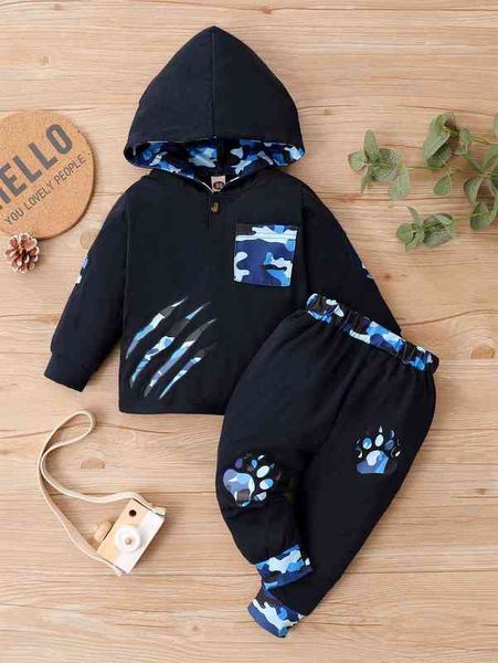 

baby camo print patched pocket hoodie & sweatpants she, White