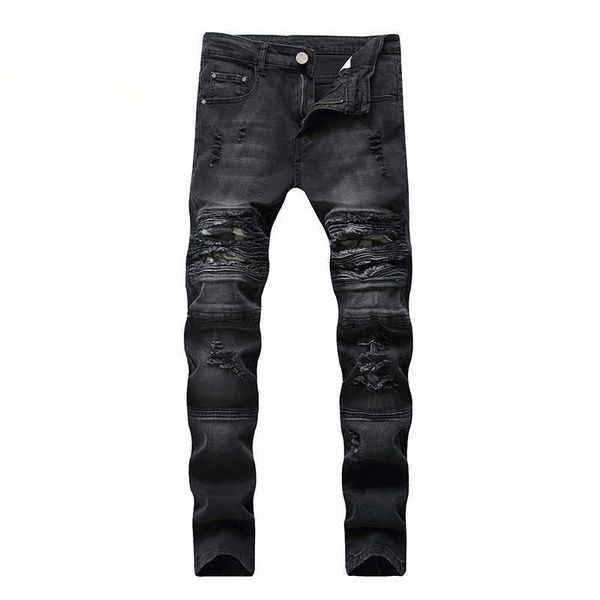 

men jeans slim skinny multi-layer ripped denim distressed black casual pants cotton plus size ruin pants hip hop x0621, Blue