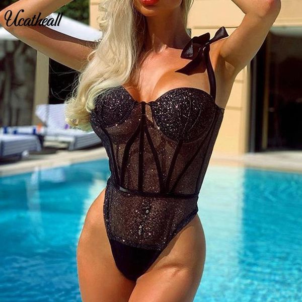 

high waist shiny lace bodysuit women fashion shoulder bow tie ladies body female mesh overalls women's jumpsuits & rompers, Black;white