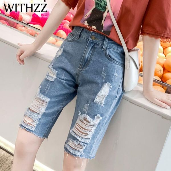

women's jeans withzz summer knee length denim shorts loose straight tube ripped holes frayed, Blue