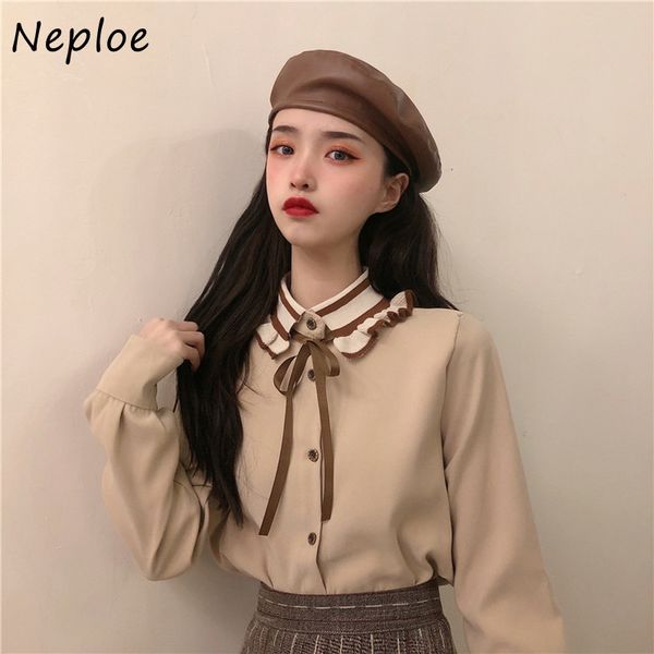 

neploe doll collar lace up bow design long sleeve blouse women single breast slim solid blusas spring new all match shirt 210423, White