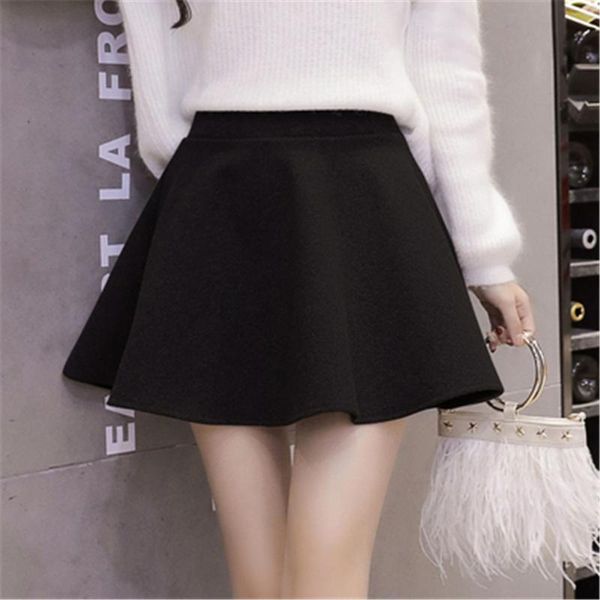 

skirts women winter wool mini pleated skirt gray high wasit girls schlool causal above knee a line skater female woolen saia, Black