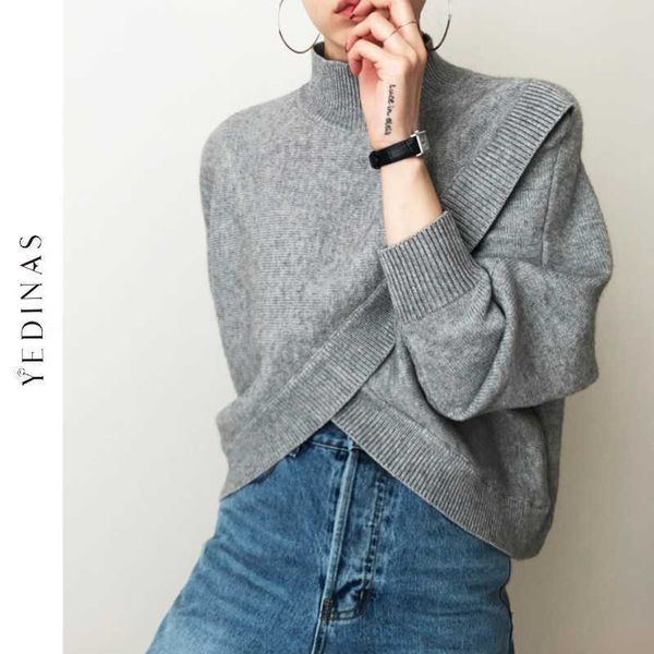 

yedinas fashion half-turtleneck women sweater jumpers autumn winter knitwear cross split loose female knitted pullovers 210527, White;black