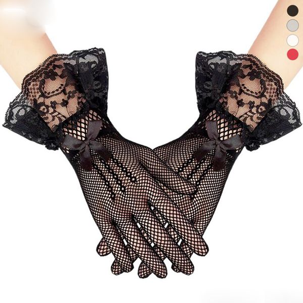 Frauen Dame Mesh Fishnet Handschuhe Sexy Spitze Bowknot Handgelenk Sommer Sonnencreme Fahren Abend Party mädchen Handschuh Schwarz Weiß