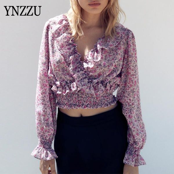 

women ruffles chiffon shirt fashion v-nekc long sleeve female short blouse 2021 autumn spring ynzzu yt925 women's blouses & shirts, White