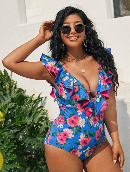 

plus floral ruffle one piece swimsuit j5cw#, Black