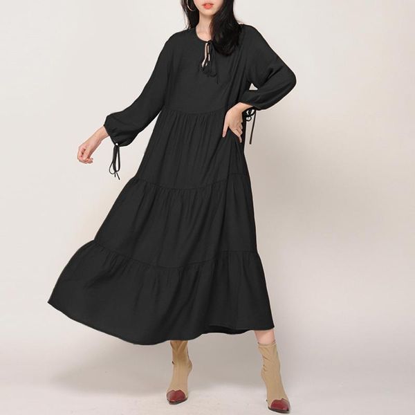 

casual dresses vonda 2021 autumn maxi dress lace up long sleeve party robe women solid boheman vestidos 5xl loose beach sundress, Black;gray
