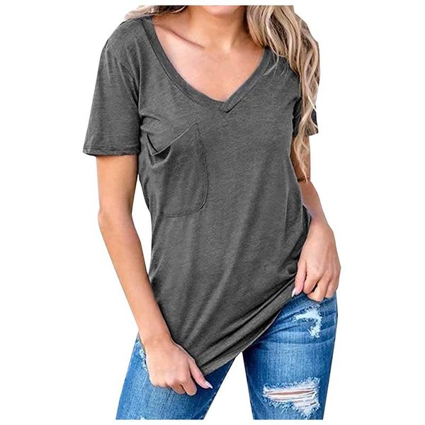 

women's t-shirt woman tshirts casual v-neck short-sleeved pocket loose camisetas mujer manga corta t shirt women koszula damska, White