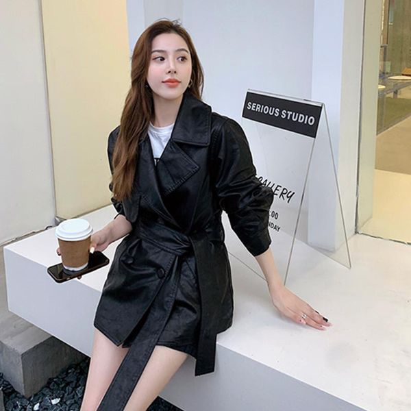 

women's leather & faux spring autumn women pu casual streetwear outwear jacket with belt green 2021 coat, Black