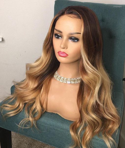 

body wave ombre blonde mixed highlight human hair lace front wigs brown and wavy full glueless wigs1, Black;brown
