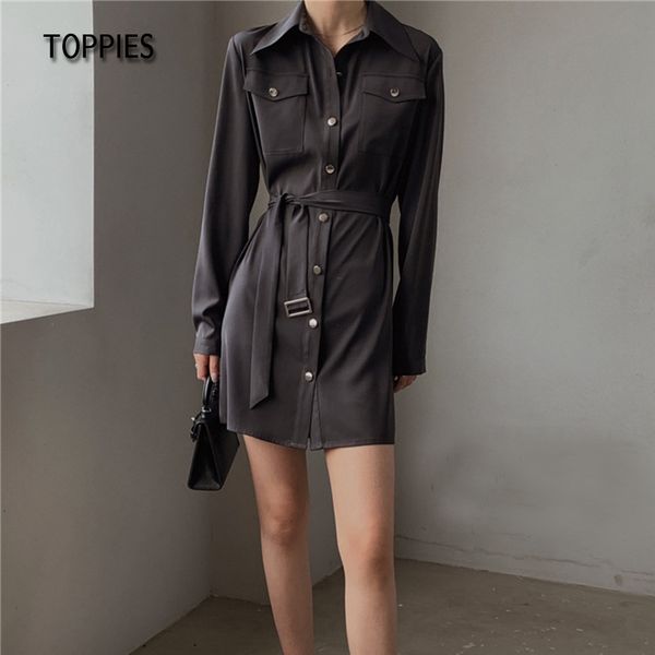 

ies spring long sleeve button shirt dress women mini dress turn down collar streetwear 210412, Black;gray