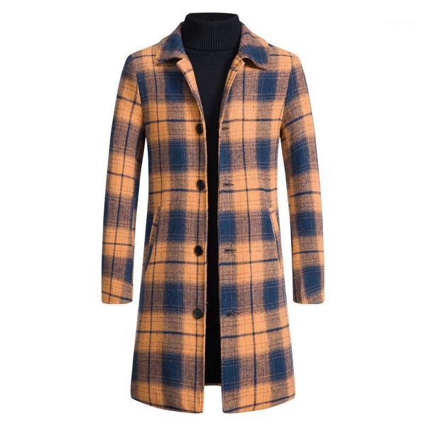 

men's jackets fashion winter coat casual plaid single breasted trench solid turn-down collar long woollen streetwear overcoat, Black;brown