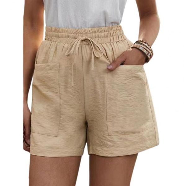 

women's shorts stylish women cotton flax high waist pockets solid color elastic loose leisure bottoms for summer streetwear, White;black