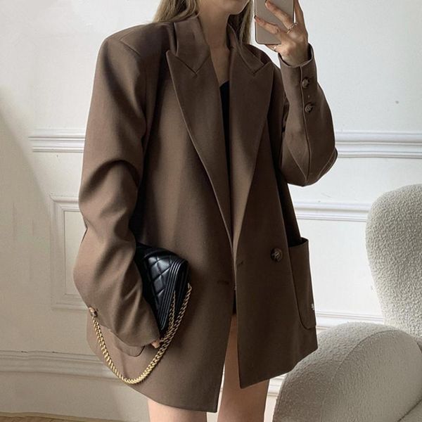 

women vintage classic suit jackets oversized single-breasted notched blazer 2021 spring loose casual office lady business coat women's, White;black