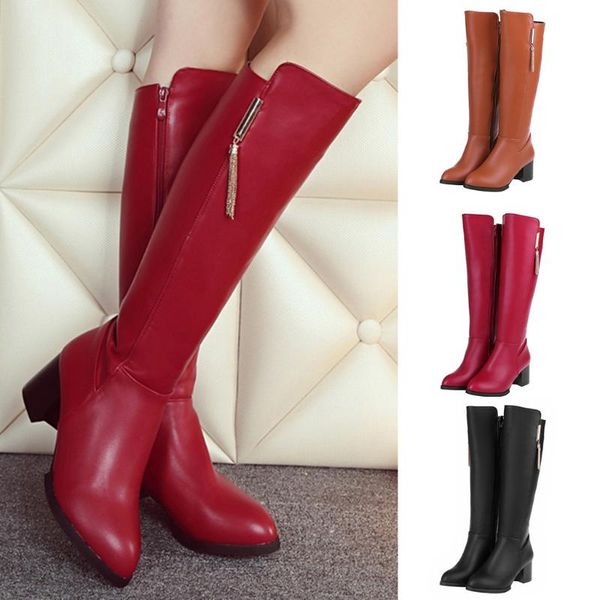 

boots design women winter autumn fashion solid round toe zipper square heels vintage shoe, Black