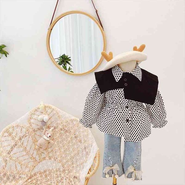

spring vintage polka dot print long sleeve lapel collar girls blouse children kids clothes, White;black