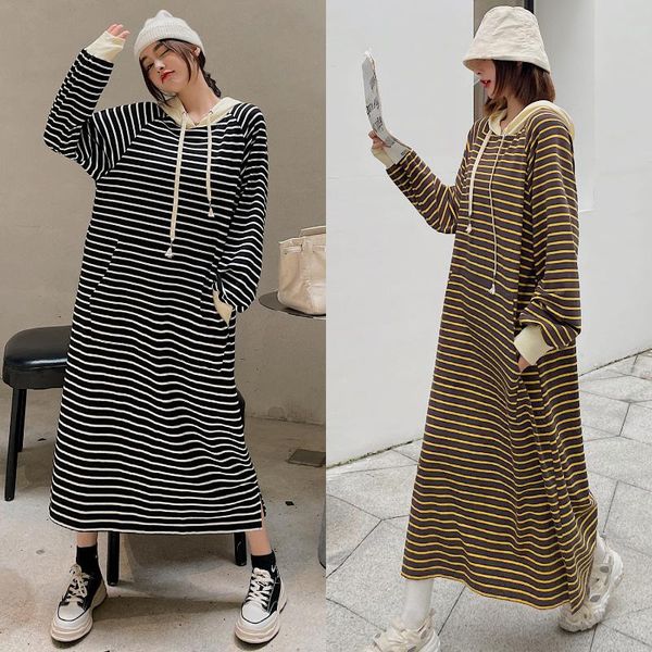 

casual dresses loose stripe long sleeve dress w024, Black;gray