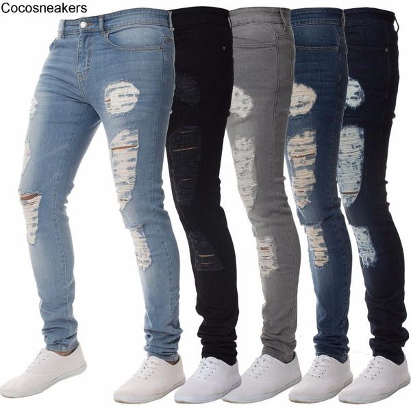

men's jeans pants with holes trend black slim high waist, Blue