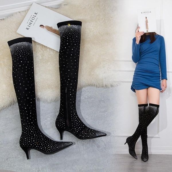 

dress shoes simple winter boots thin heel high suede pointed plush knee, Black