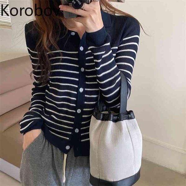 

korobov vintage o neck striped women knitted sweaters korean chic long sleeve single breasted cardigans turn-down collar 210430, White