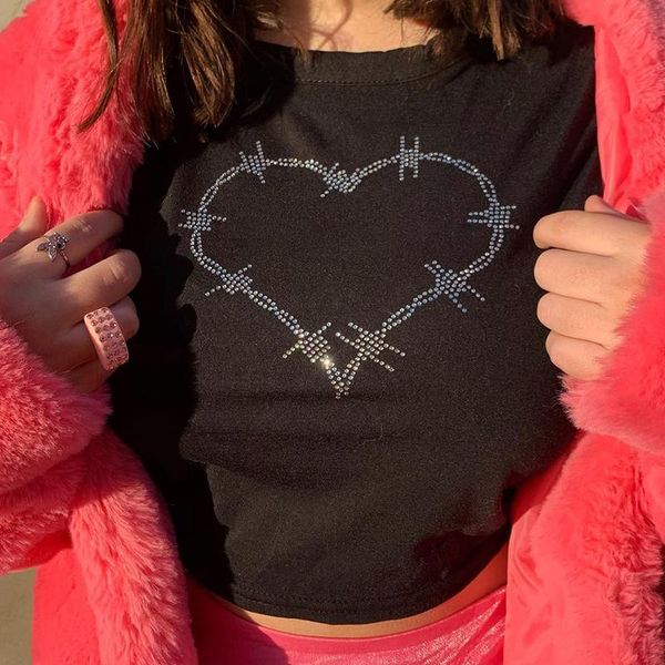

summer slim t-shirt heart rhinestone shiny drill y2k crop women vintage aesthetic 90s tees casual harajuku chic female women's, White