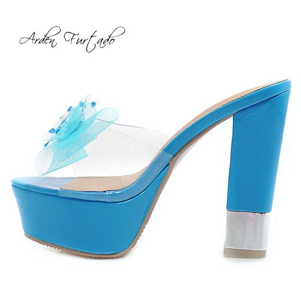 

slippers arden furtado summer 2021 fashion women's shoes waterproof platform butterfly knot chunky heels clear pvc small size 32, Black